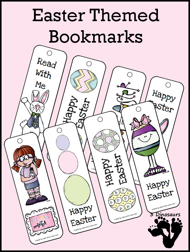 Free Easter Themed Bookmarks - 2 pages of printables with 8 bookmarks - Fun Easter themes and phases on the bookmarks. - 3Dinosaurs.com