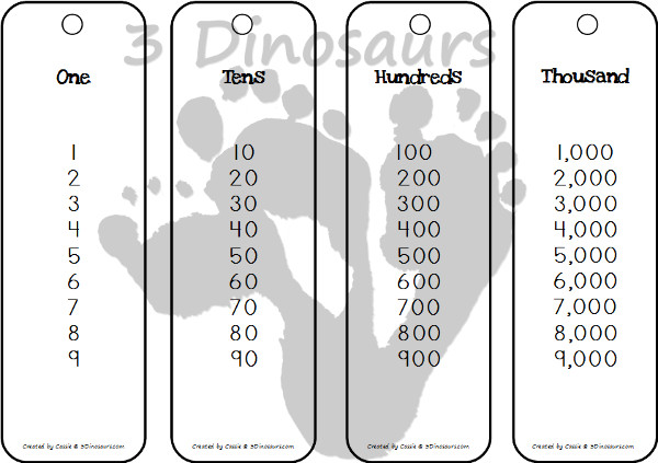 Free Place Value Bookmarks - for ones through hundred billion - 3Dinosaurs.com