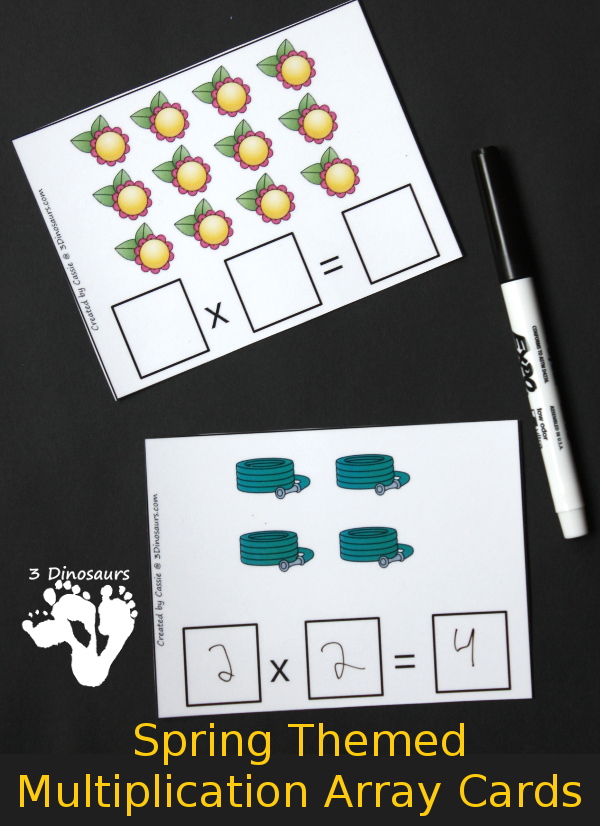 Free Spring Themed Multiplication Array Cards - using numbers 1 to 12 for the arrays with 5 pages of cards - 3Dinosaurs.com