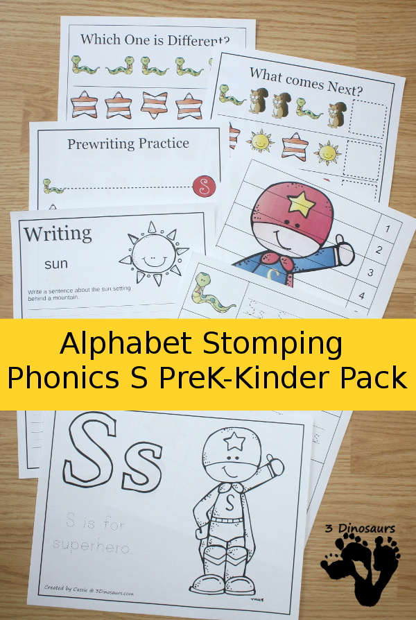 Free Alphabet Stomping Phonics S Prek-Kinder Pack - 30 pages of printables - 3Dinosaurs.com