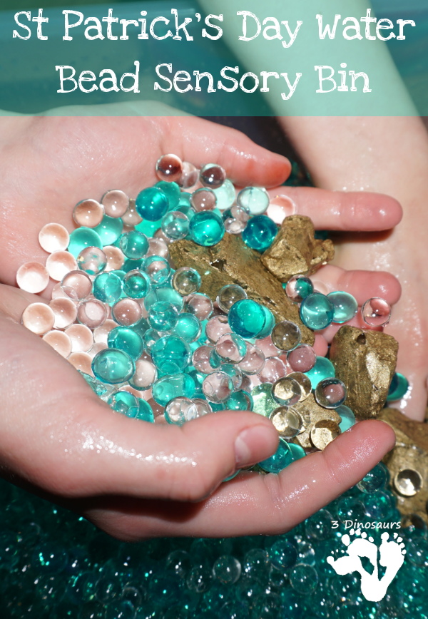 Easy To Make St Patricks Day Water Bead Sensory Bin - loads of search and find the gold fun in this sensory bin! - 3Dinosaurs.com