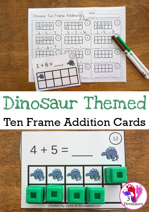 Free Dinosaur Ten Frame Addition Cards - 12 cards with recording sheet with two styles of cards - 3Dinosaurs.com