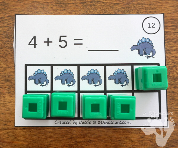 Free Dinosaur Ten Frame Addition Cards - 12 cards with recording sheet with two styles of cards - 3Dinosaurs.com