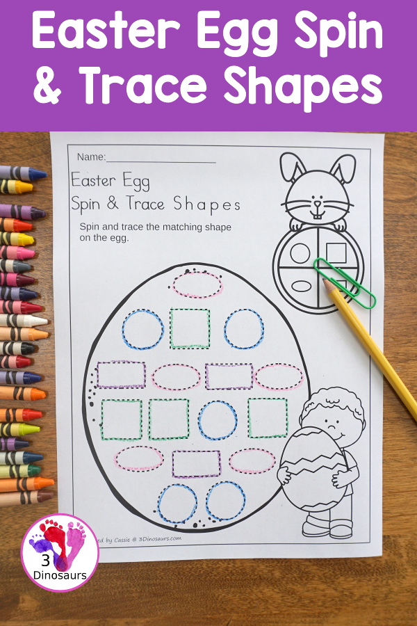 Free Easter Egg Spin and Trace Shapes - 2 pages of printables with 8 different shapes - 3Dinosaurs.com #noprep #easterprintablesforkids #printablesforkids