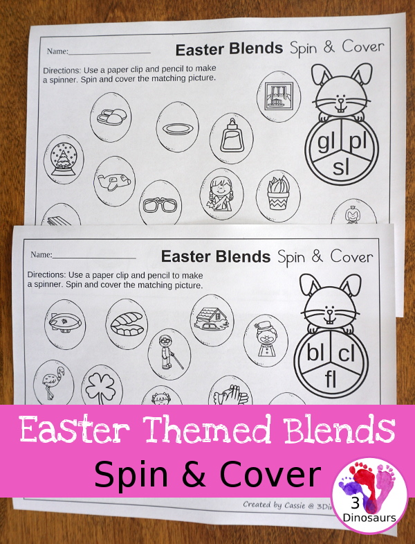 Free No-Prep Easter Themed Spin and Cover L Blends - work on bl, cl, fl, gl pl, and sl blends - 3Dinosaurs.com #handsonlearning #easterprintablesforkids #blendsforkids #printablesforkids #3dinosaurs