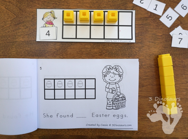 Easter Ten Frame Activities: No-Prep & Hands-On - 77 pages of printables working on ten frame activities for numbers 1 to 20 with hands-on and no-prep: cards, worksheets and easy reader books - 3Dinosaurs.com #handsonmath #teacherspayteachers #tenframe #easterprintablesforkids #printablesforkids