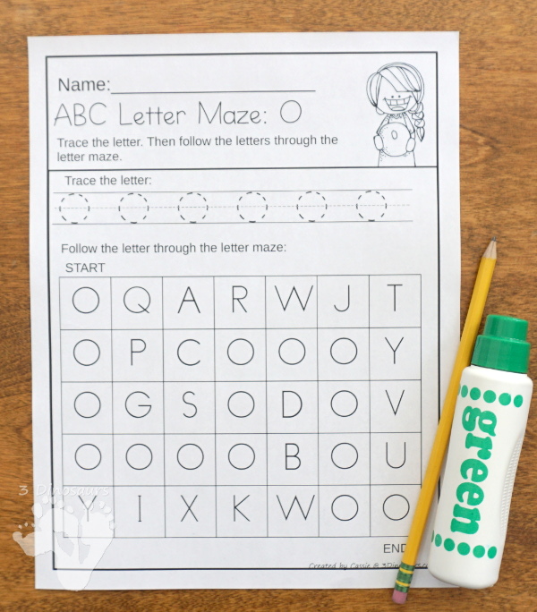 No-Prep ABC Letter Mazes - uppercase and lowercase options with tracing of the letter with a matching letter maze - 3Dinosaurs.com