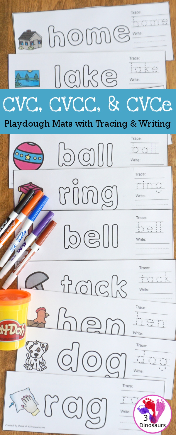 CVC, CVCC and CVCe Word Playdough Mats with Pictures - a fun collection of mats that have playdough word with tracing and writing area for the word with a matching picture of the word. They are a great way to work on learning words  - 3Dinosaurs.com