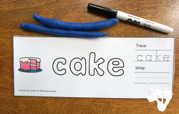 CVC, CVCC and CVCe Word Playdough Mats with Pictures - a fun collection of mats that have playdough word with tracing and writing area for the word with a matching picture of the word. They are a great way to work on learning words  - 3Dinosaurs.com