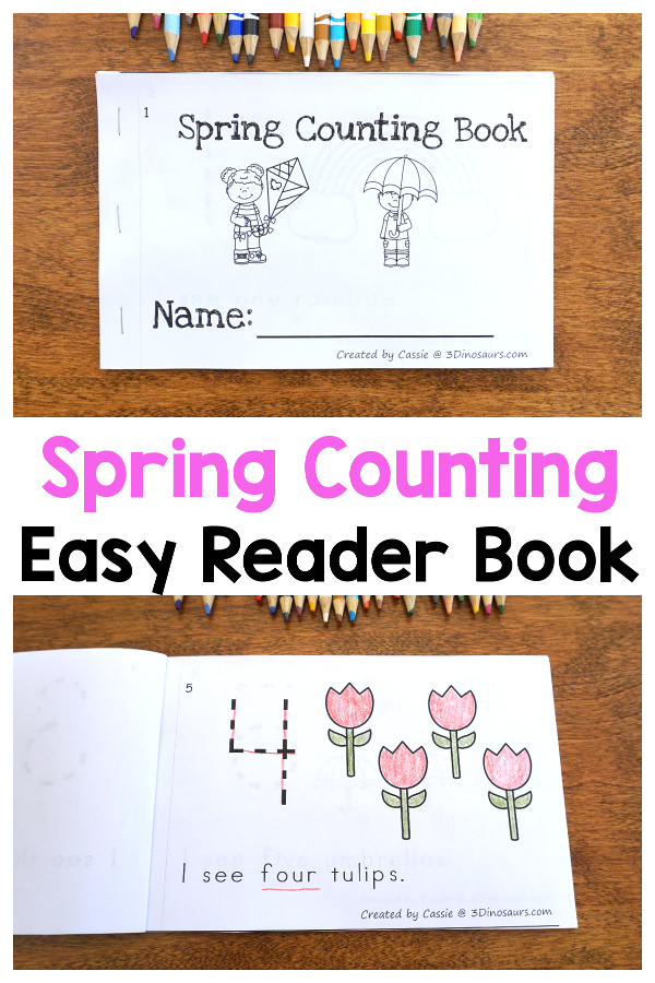 Free Spring Counting Easy Reader Book - numbers 1 to 10 with tracing of the number in the book with things you seen in spring  - 3Dinosaurs.com