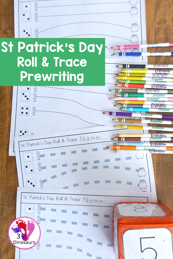 Free St. Patrick's Day Roll & Trace Prewriting - 2 prewriting sheets in two different prewriting line types for kids in prek and kindergarten. A fun change for prewriting.   - 3Dinosaurs.com