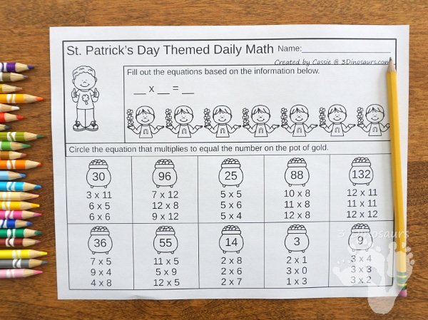No-Prep St Patrick's Day No-Prep Math: Addition & Subtraction or Multiplication & Division - 30 pages in each set with review sheets at the end all in a St. Patrick's Day theme with no cutting or prep work needed - 3Dinosaurs.com