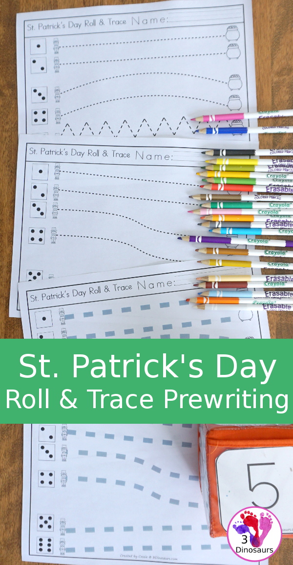 Free St. Patrick's Day Roll & Trace Prewriting - 2 prewriting sheets in two different line types   - 3Dinosaurs.com