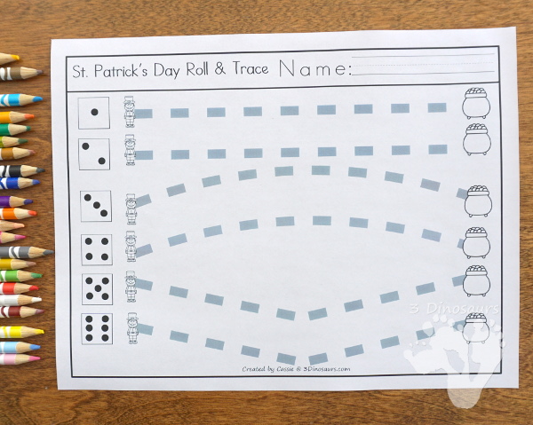 Free St. Patrick's Day Roll & Trace Prewriting - 2 prewriting sheets in two different line types   - 3Dinosaurs.com