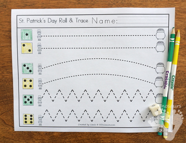 Free St. Patrick's Day Roll & Trace Prewriting - 2 prewriting sheets in two different line types   - 3Dinosaurs.com