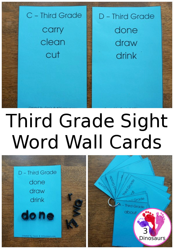 Free Dolch Sight Word Third Grade Wall Cards - word sorted by letter - 3Dinosaurs.com