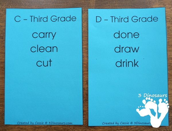 Free Dolch Sight Word Third Grade Wall Cards - word sorted by letter - 3Dinosaurs.com