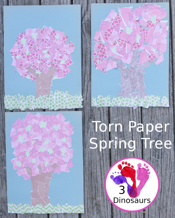 Torn Scrapbook Paper Spring Tree - fun and easy craft for different ages to work on together with work on fine motor skills to make a fun spring craft  - 3Dinosaurs.com