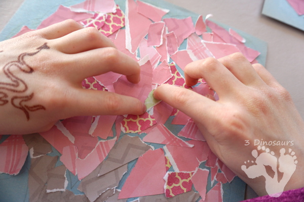 Torn Scrapbook Paper Spring Tree - fun and easy craft for different ages to work on together with work on fine motor skills to make a fun spring craft  - 3Dinosaurs.com