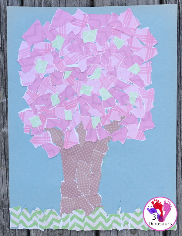 Torn Scrapbook Paper Spring Tree - fun and easy craft for different ages to work on together with work on fine motor skills to make a fun spring craft  - 3Dinosaurs.com