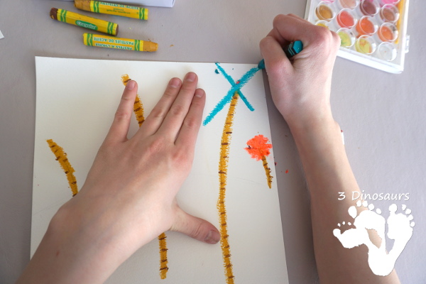 Watercolor & Oil Pastel Truffula Trees - a fun and easy way to do a mixed media art project with kids for the book The Lorax  - 3Dinosaurs.com