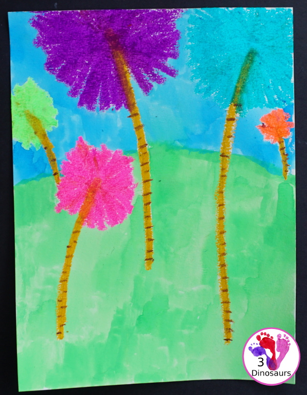 Watercolor & Oil Pastel Truffula Trees - a fun and easy way to do a mixed media art project with kids for the book The Lorax  - 3Dinosaurs.com