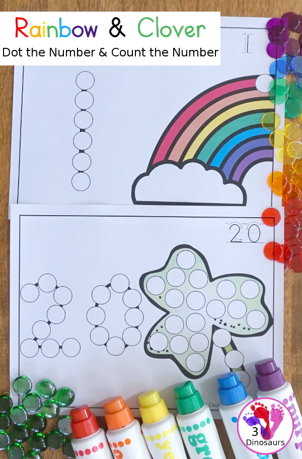 Clover & Rainbow Dot the Number Count the Number - this is a fun counting activity with dot markers that works on numbers 0 to 20 with color or black and white options - 3Dinosaurs.com #stpatricksday #dotmaker #doadot #numbers #counting  #kindergarten #prek