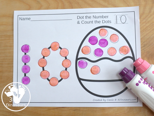 Easter Dot the Number Count the Number - this is a fun counting activity with Easter eggs and dot markers that works on numbers 0 to 20 with color or black and white options - 3Dinosaurs.com #easter #dotmaker #doadot #numbers #counting  #kindergarten #prek