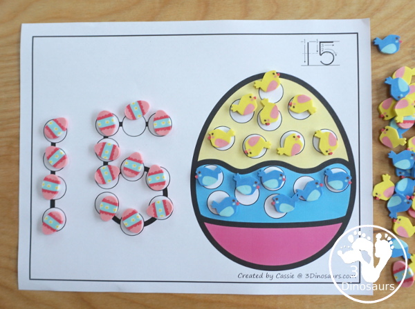 Easter Dot the Number Count the Number - this is a fun counting activity with Easter eggs and dot markers that works on numbers 0 to 20 with color or black and white options - 3Dinosaurs.com #easter #dotmaker #doadot #numbers #counting  #kindergarten #prek