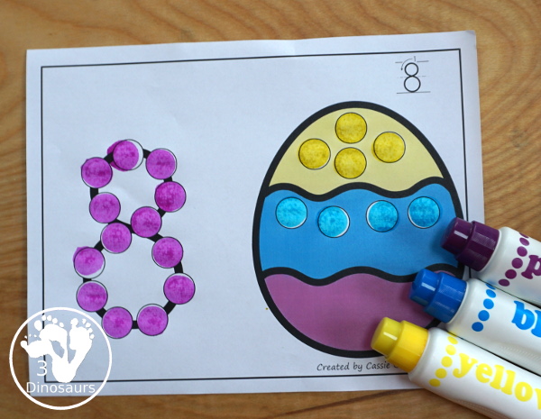 Easter Dot the Number Count the Number - this is a fun counting activity with Easter eggs and dot markers that works on numbers 0 to 20 with color or black and white options - 3Dinosaurs.com #easter #dotmaker #doadot #numbers #counting  #kindergarten #prek