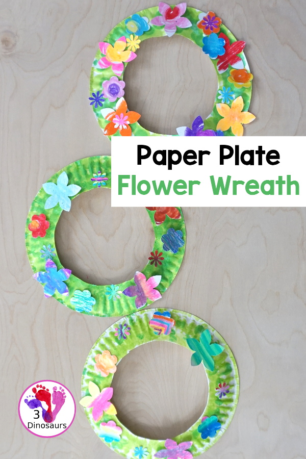 Flower Themed Paper Plate Wreath: Oil Pastels - fun and easy wreaths to make at any time using flower punches and paper plates - 3Dinosaurs.com