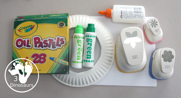 Flower Themed Paper Plate Wreath: Oil Pastels - fun and easy wreaths to make at any time using flower punches and paper plates - 3Dinosaurs.com
