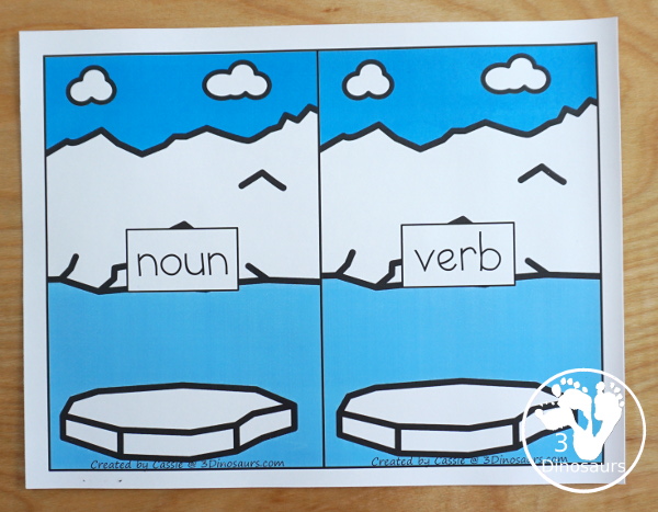 Free Polar Bear Sorting Nouns & Verbs with Polar Bears Past Bedtime - 20 sorting cards for nouns and verbs with sorting mat and writing worksheet - 3Dinosaurs.com
