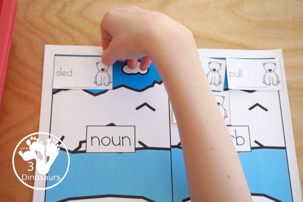 Free Polar Bear Sorting Nouns & Verbs with Polar Bears Past Bedtime - 20 sorting cards for nouns and verbs with sorting mat and writing worksheet - 3Dinosaurs.com