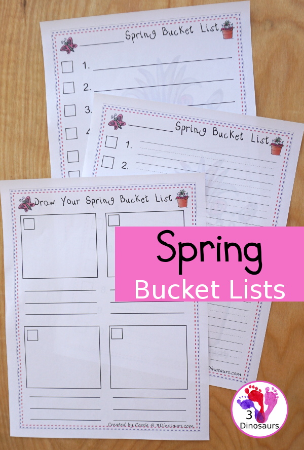 Free Spring Bucket Lists - 3 options for writing the lists - 3Dinosaurs.com