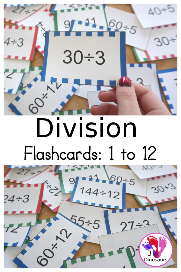 Free Division Flash Card Printable - with division from 1 to 12 with white, red, green, pink and blue options for the cards - 3Dinosaurs.com