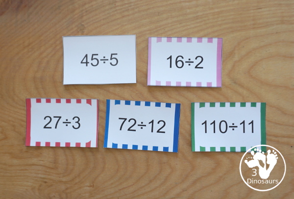 Free Division Flash Cards - with division from 1 to 12 with white, red, green, pink and blue options for the cards - 3Dinosaurs.com