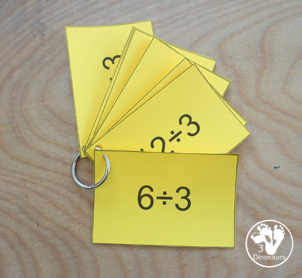 Free Division Flash Cards - with division from 1 to 12 with white, red, green, pink and blue options for the cards - 3Dinosaurs.com