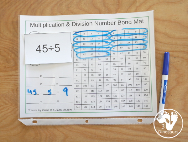 Free Division Flash Cards - with division from 1 to 12 with white, red, green, pink and blue options for the cards - 3Dinosaurs.com