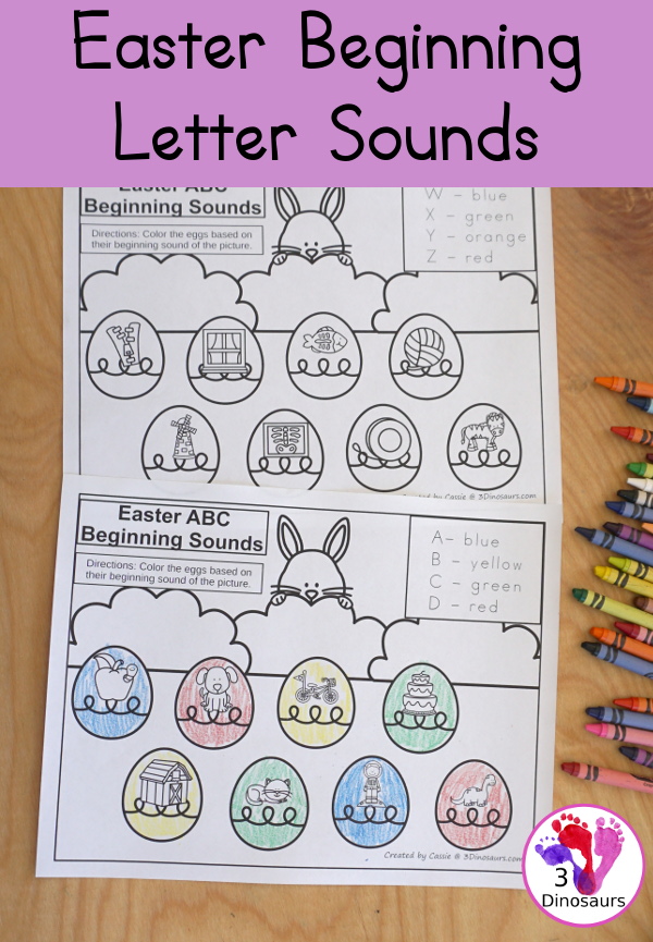Free Easter Beginning Sound Coloring Printable - with four letter on each page work on coloring the beginning sound of each letter on the pages - Easy no-prep printable for learning in kindergarten and prek - 3Dinosaurs.com