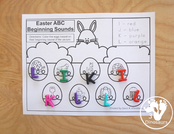 Free Easter Beginning Sound Coloring Printable - with four letter on each page work on coloring the beginning sound of each letter on the pages - Easy no-prep printable for learning in kindergarten and prek - 3Dinosaurs.com