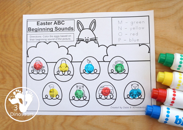Free Easter Beginning Sound Coloring Printable - with four letter on each page work on coloring the beginning sound of each letter on the pages - Easy no-prep printable for learning in kindergarten and prek - 3Dinosaurs.com