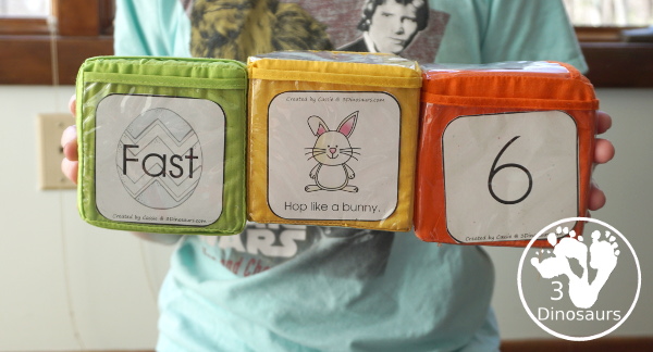 Free Easter Gross Motor Dice - with 6 fun movements for kids to get moving during Easter time with bunny eggs and more - 3Dinosaurs.com