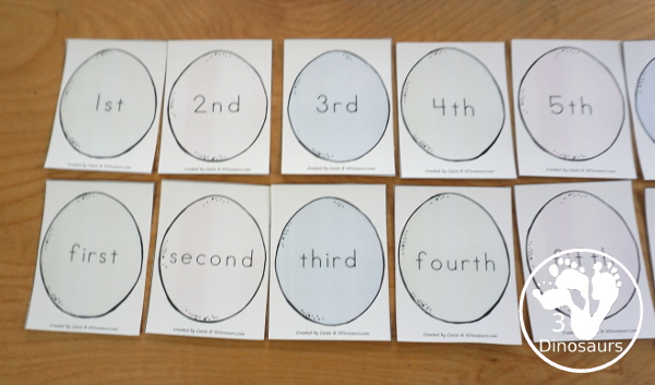 Free Easter Egg Ordinal Number - working on ordinal numbers from 1 to 10 for kids with matching cards and a worksheet - 3Dinosaurs.com
