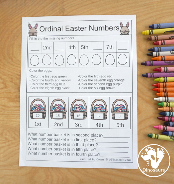 Free Easter Egg Ordinal Number - working on ordinal numbers from 1 to 10 for kids with matching cards and a worksheet - 3Dinosaurs.com