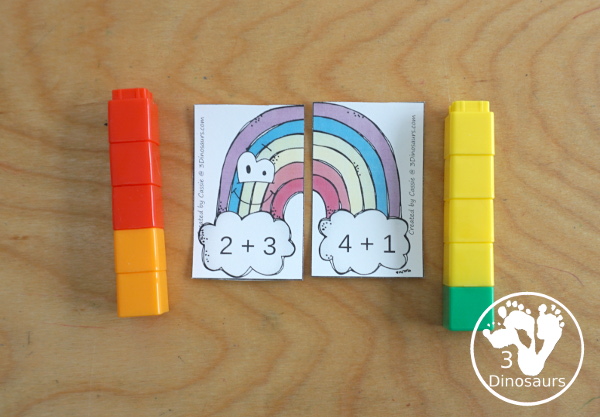 Free Rainbow Addition Matching - a fun addition matching game adding numbers from 1 to 20 with two piece puzzles and matching number bond mat for kindergarten and first grade - 3Dinosaurs.com
