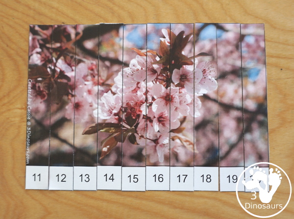 Free Spring printable - 10 piece puzzles with numbers 11 to 20 - 3Dinosaurs.com