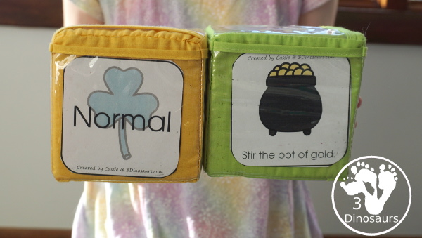 Free St Patrick's Day Gross Motor Dice - a fun dice set with 6 gross motor movements and a speed dice all with a St. Patrick's Day theme - 3Dinosaurs.com