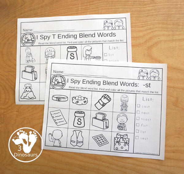 Ending Blends I-Spy Set Printables with 33 pages of pritnables that work on the following ending blends: -ct, -ft, -ld, -lf, -lk, -lp, -lt, -mp, -nd, -ng, -nk, -nt, -pt, -sk, -sp, -st. You have five to seven words to find on each page  - 3Dinosaurs.com