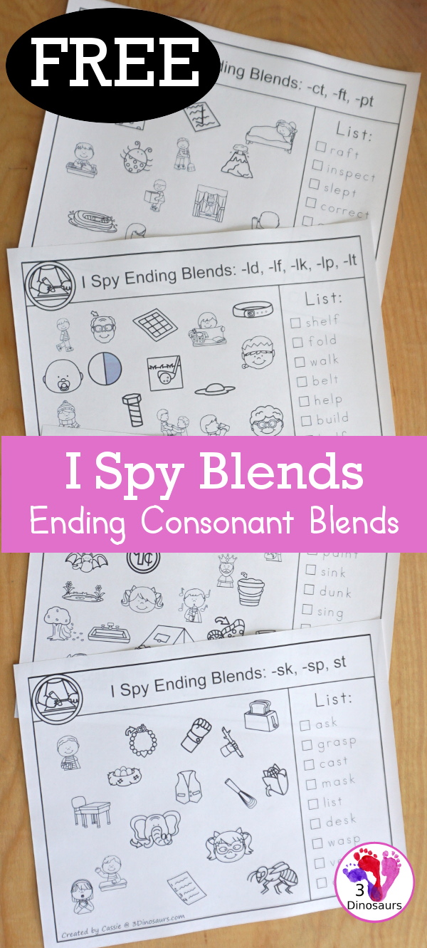 Free Ending Blends I-Spy Printables with 4 pages of pritnables that work on the following ending blends: -ct, -ft, -ld, -lf, -lk, -lp, -lt, -nd, -ng, -nk, -nt, -pt, -sk, -sp, -st. You hvae nine words to find on each page  - 3Dinosaurs.com